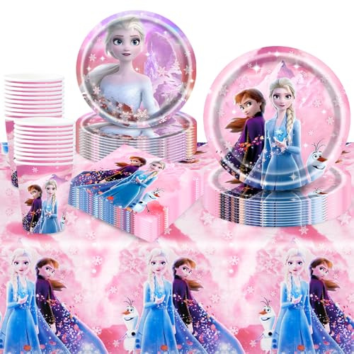 81Pcs Birthday Decorations, Pink Frozen Party Decorations Kids' Party Tableware Set, Ice Princess Birthday Party Plates Cups and Napkins Tablecloth 20 Guests