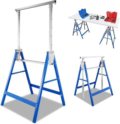 Set x2 Caballetes Telecópicos, Soportes plegables para andamios de trabajo portátiles, Altura ajustable de 80-130 cm, carga máx. de 200 kg, Azul
