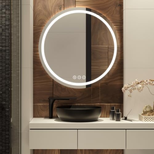 Simusi 60cm Specchio Bagno Rotondo con Luce LED， Rotondo Specchio da Parete Antideflagrante con Luminosità Regolabile，3 Colori Luce， IP44 impermeabile, vetro temperato