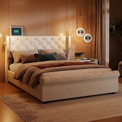 BRILVERDE Cama Tapizada 140x190 con Almacenamiento hidráulico, Cama matrimonial con Toma USB y luz LED, Cabecero Acolchado y Base de Láminas, Terciopelo (Beige, 140 x 190 cm)