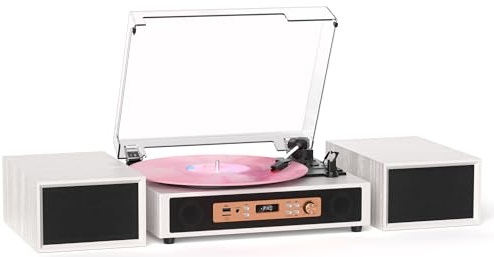 Bluetooth Record Player with Built-in & External Stereo Speakers, USB/TF Card & PC Recording, 3-Speed Belt-Drive Vintage Turntable with Dual RCA Outputs, White Wood Grain for Home Entertainment Gift