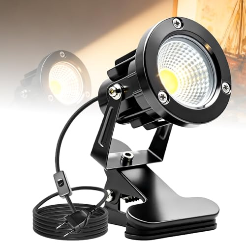 BAIFULAI LED Strahler mit Klemme: LED Spot Klemmstrahler mit 1.8 m Kabel, Stecker und Handschalter, Regen- und wasserdichter Außenlampe mit Klemme für Außen- & Innenbeleuchtung(Warmweiß)