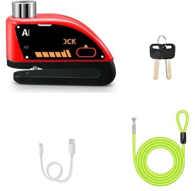 Bloqueo De Freno Disco Motocicleta 120dB Rueda Bicicleta Seguridad Scooter Disco Candado(Red with 1.8M Rope)