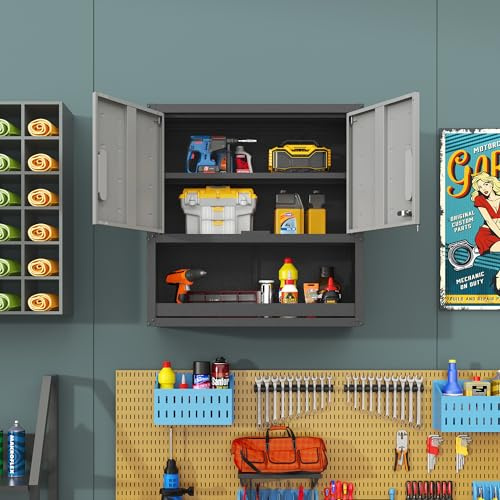 LLGWGL Metall Wandschrank Hängeschrank Werkzeugschrank - Wandmontierbarer mit Schließtür 1 Einlegeboden 1 offenem Schub für Garage Lager Büro,75×77×30 cm,grau,Montage erforderlich