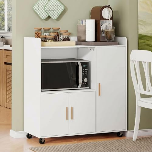 ARTETHYS Sideboard 90cm mit Rädern, Küchenschrank mit Arbeitsplatte,3 Türen | Aufbewahrungsschrank, Mikrowellenregal, mit 1 offenem Fach, Verstellbaren Ablagen,für Küche, Esszimmer, Wohnzimmer, Flur,Weiß