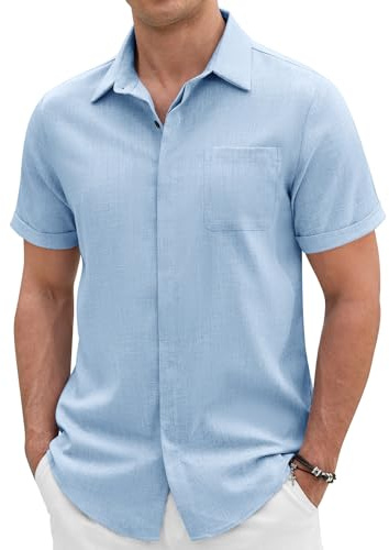 Xnova Camisa de Manga Corta Hombre Color Sólido Camisetas con Botones Ocultos Bluse de Formales e Informales (Azul, XL)