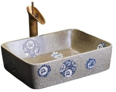 Vasque a Poser Lavabo rectangulaire en céramique de style rétro for salle bain (accessoires inclus) Lavabo