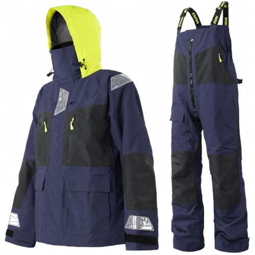 Men's PRO Offshore Sailing Suit, Waterproof Jacket & Bib Trousers | Ocean High-Tech, Hi-Vis Hood, Reinforced Hips & Knees, Adjustable Braces, Reflective Safety Details, Coastal Cruising