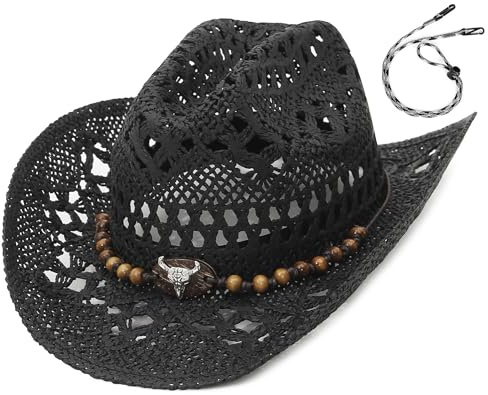 EOZY Straw Cowgirl Hat for Women Men Western Cowboy Hat Woven Hollow Out Wide Brim Sun Hat with Chin Strap