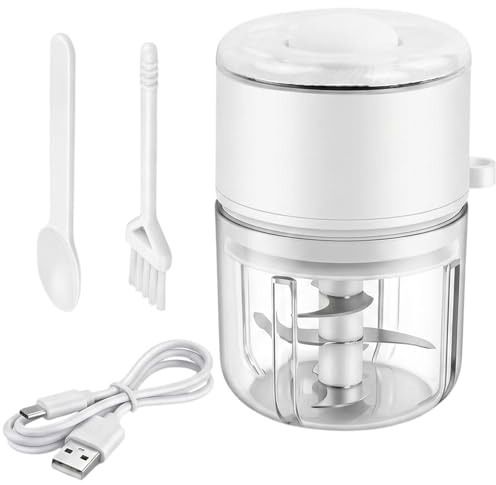 Picadora Eléctrica con 6 Cuchillas, Trituradora de Alimentos Pequeña para Carne, Cebolla, Ajo, Chile, Hogar y el Camping, Senderismo, Excursiones, con Cepillo Pequeño (350ml, Blanco)