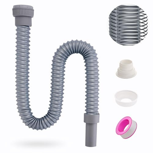 Pronese Flexible 40mm Waste Pipe, Kitchen Sink Waste kit with Reinforced Steel Wire with an Adapter, Fits G1 1/4 & G1 1/2 （≈40 & 45mm） Odour-Proof Trap/P-Trap for Kitchen & Bathroom, Grey