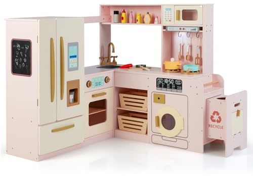 COSTWAY Cocina Juguete en Esquina con Luces y Sonidos, Cocinita Infantil con Refrigerador de Doble Puerta, Hielera, Microondas, Cocina de Madera con Almacenaje para Niños de 3+ Años (Rosa)