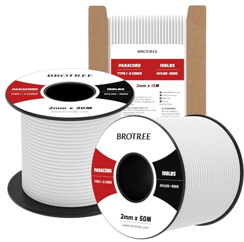 Brotree Paracord 2mm 50M 100% Nylonrep 3 Trådar Typ I Snöre för Utomhus, Hundkoppel, DIY, Hantverk - 90kg Brottlast (Vit)