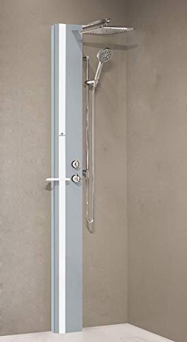 Novellini Duschsäule Line 1 Standard ohne Sitz mit Thermostat-Mischbatterie Farbe Silber Band Regal Weiß Matt Duschkopf Regal Ablage für Gegenstände Handbrause Größe 22 x 57,5 x Höhe 215 cm