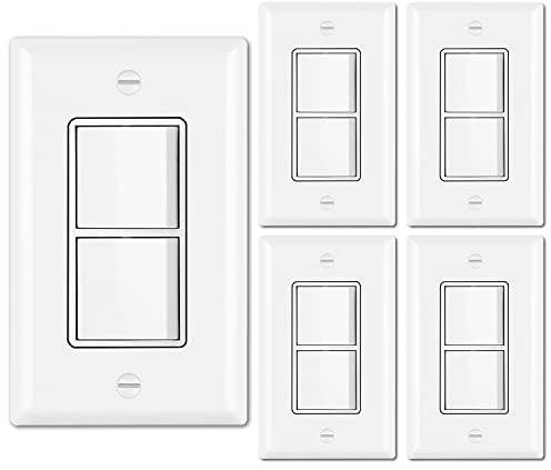 BESTTEN 5 Pack Double Light Switch, Single Pole, Combination Decorator Interrupters, 15A 120V, in-Wall On/Off Switch, Dual Paddle Rockers, Wallplate Included, UL Listed, White