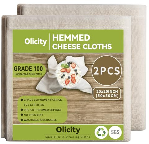 Olicity Cheesecloth, Grade 100, 20x20Inch Hemmed Cheese Cloths Reusable, 100% Unbleached Strainer Muslin Cloth for Cooking, Straining, Jelly Making - 2 Pieces
