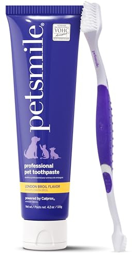 Petsmile Professional Pet Teeth Brushing Kit for Cats & Dogs - Only VOHC Accepted Toothpaste & Patented Toothbrush - Proven to Control Plaque & Tartar Calprox Formula (London Broil, 119 g, 4.2 Oz)