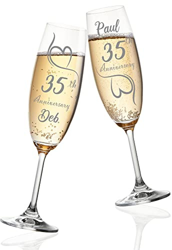 Always Looking Good Personalized Engraved Coral 35th Wedding Anniversary Set of 2 Champagne Flutes - Chocolate Hearts