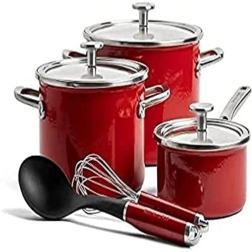 KitchenAid Steel Core Enamel 8 Piece Cookware Set with Lids, German Engineered Enamel, Induction, Oven Safe, Empire Red
