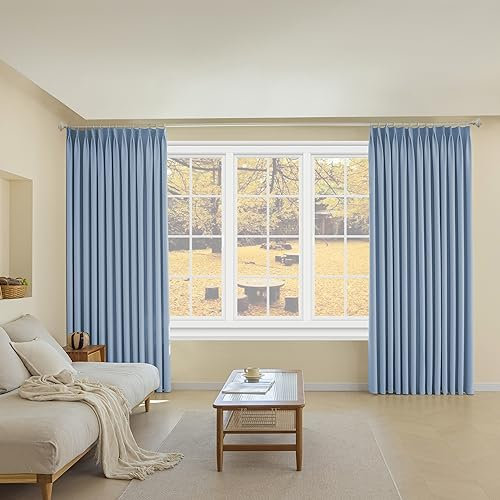 MUMFAS Sky Blue Pinch Pleat Curtain 52 W x 120 L Solid Thermal Insulated 90% Blackout Patio Door Curtain Panel Drape for Traverse Rod and Track with Tieback, Light Blue (One Panel)