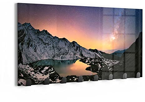 DEQORI Wandgarderobe Glas & Metall | Motiv Gosainkunda unter Sternen | 60x30 cm | Design Haken-Leiste modern | Garderoben-Paneel für Flur, Wohnzimmer & Schlafzimmer | magnetisch & beschreibbar