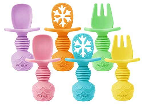 PandaEar 6 Pack Cucharas para Bebés y Niños Pequeños para Autoalimentación, Utensilios de Alimentación de Silicona para Destete con Cucharas Luminosas