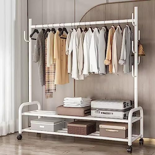 Schwerlast Kleiderständer Auf Rollen Metall Kleiderstange Multifunktionaler Mobiler Garderobenständer Mit Schuhregal Und 7 Haken for Schlafzimmer, Flur, 120/150 * 37 * 165cm