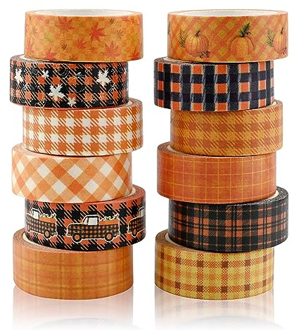 12 Rolls Fall Washi Tape Set,15mm Autumn Pumpkins Maple Leaves Patterned Decorative Masking Tapes for Fall Thanksgiving Christmas Holiday Arts Craft Tape DIY Scrapbooking Gift Wrapping Decorations