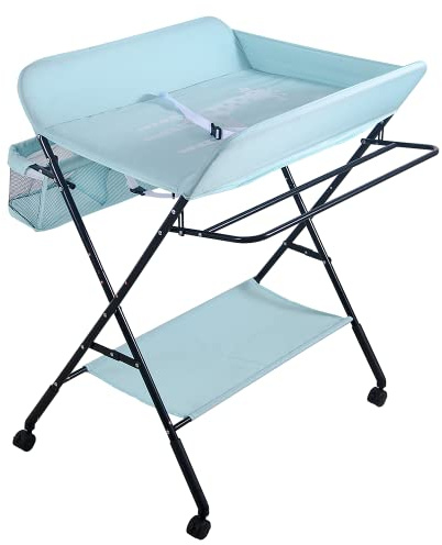 Wickeltisch, faltbar und tragbar, mobile Windeltische mit Aufbewahrungstasche, Sicherheitsgurt und Aufbewahrung unter dem Jacent, Pflege für Neugeborene mit Rädern (80 x 66 x 98 cm, Himmelblau)
