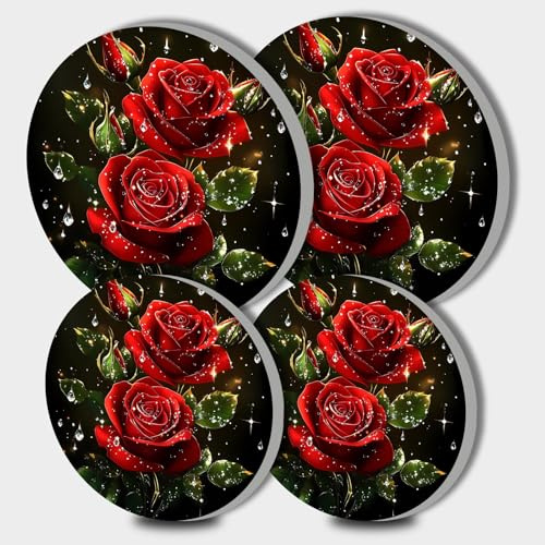 Walarky Herdabdeckplatten aus Metall, rund, Rosenblätter, Set mit 4 roten Blumen, Herdabdeckplatten für Herde, Gasherd, Kochgeschirr, Zubehör, moderne Kochfeld-Dekoration
