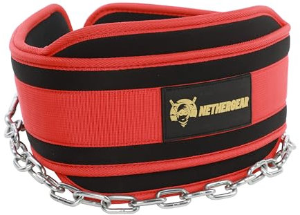 Nethergear Dip-Gürtel zum Gewichtheben mit 91,4 cm robuster Stahlkette, bequemes Neopren und starke Nähte, gewichteter Gürtel, ideal für Bodybuilding, Powerlifting, Klimmzüge und Kniebeugen (rot)