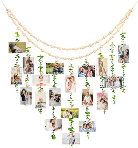 Marco con Cuerdas y Pinzas para Fotos, Marcos de Fotos con Pinzas Soporte de Pared para Fotos Portafotos Multiples Pared, Perlas de Madera y Hojas de Eucalipto Simuladas para Decoración del Hogar