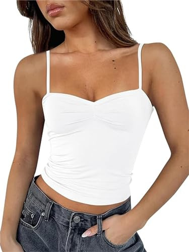 FOFAINWE Damen ärmelloses herzförmiger Ausschnitt Crop Tank Tops rückenfrei Spaghettiträger Plissee Bustier Y2K Camis Ausgehen Top(Weiß,L)
