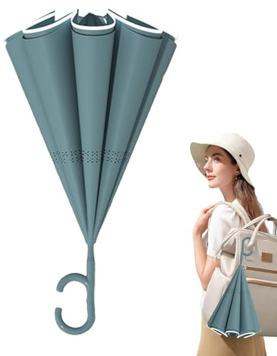 Ombrello lungo invertito, ombrello invertito,Ombrello a manico lungo rovesciato per pioggia e sole - Ombrello grande da donna e uomo per 2 adulti, antivento, per scuola, passeggiate, viaggi,