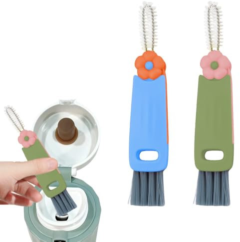 Yreamont 3 in 1 Cup Lid Cleaning Brush Set - Hard Bristle Crevice Cleaning Brush for Bottles, Straws & Kitchen - Blue and Green Plastic Nylon Bristles - Portable, Multifunctional Cleaning Tool