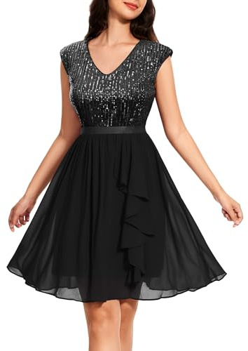 Wedtrend Paillettenkleid für Damen, glitzernde Cocktailkleider 2024, Rüschen, Heimkehrkleider für Teenager, Schwarz, Groß