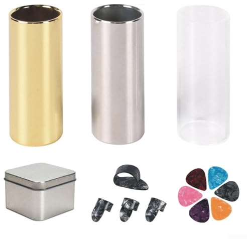 Professional Guitar Slide Set, Steel and Acrylic Glass Slides, 10 Picks