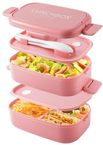 HENSHOW Lunch Box 2 Strati, Porta Pranzo con 4 Scomparti, 1500ML Scatole Bento Box Include Forchetta e Cucchiaio, Sicuro Per Microonde, Contenitore Pranzo Impilabile per Ufficio (Rosa)