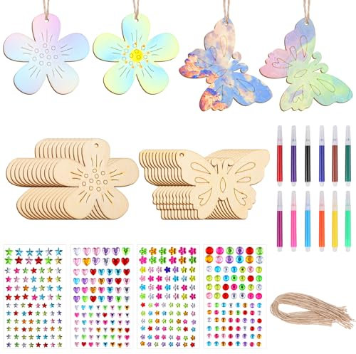 JIEYAO Schmetterling Bastelset Kit, 40 Stück Bastelsets für Kinder Schmetterling Holz und Blume mit Aquarellstift Edelsteinaufkleber Schnur Basteln Kindergeburtstag für DIY Geburtstag Handwerk Bemalen