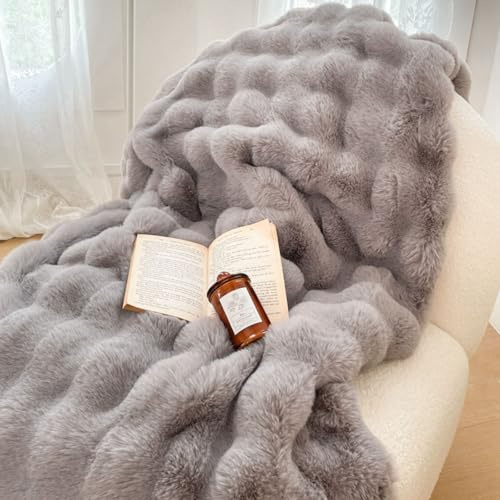 Tospass Kuscheldecke Grau Kaninchen Decke Warme Sherpa Decke Flauschig Weich Dicke Sofadecke Tagesdecke Doppelgesicht Wohndecke - 200x230cm