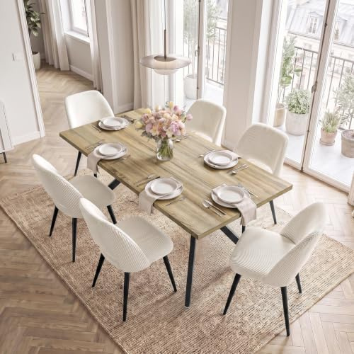ANVOFONG Essgruppen in Walnussholzoptik,Esstisch mit 6 beige-Stuhl | Esstisch in 140 x 80 x 76 cm mit 4 Ergonomischer Design aus Cord Esszimmerstühle, für Esszimmer, Küche, Wohnzimmer