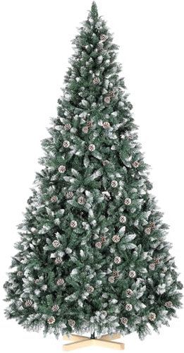 Clevich Künstlicher Weihnachtsbaum 270cm mit Schnee-Effekt, Nordmanntanne Premium, Tannenbaum Künstlich mit Schnee & 61 Tannenzapfen & 2500 Spitzen, Schnellklappsystem, inkl. Christbaum Holzständer