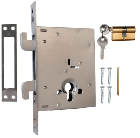 ATTAS Serrure à crochet double 60 mm pour portes coulissantes, serrure à mortaise en haut/bas, 140 x 110 mm, dimensions d'encastrement pour l'extérieur intérieur, serrure à cylindre et matériel de