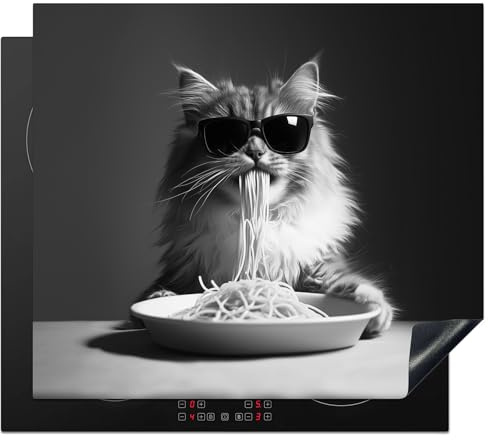 KitchenYeah© Herdabdeckplatte Einteilig Herdabdeckung Abdeckplatte für | 60x52 cm - Ceranfeld Abdeckung Induktionskochfeld Aufrollbare Matte Langhaarkatze - Sonnenbrille - Spaghetti - Humor