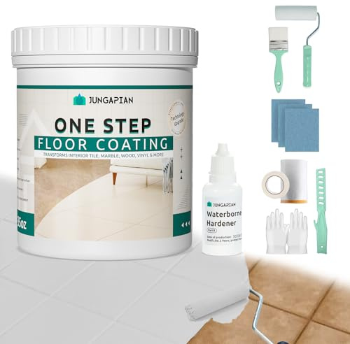 JUNGARIAN All-In-One Interior Floor Coating Kit, Water-based & Low Odor One-Step Floor Paint, High Hardness Waterproof Paint for Ceramic, Porcelain, Fiberglass, Hardwood, Laminate, Vinyl, 35OZ, Light Grey