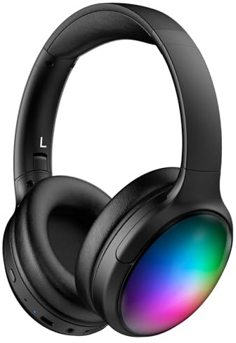 ONITOON Bluetooth Headphone with Cool RGB Light, Foldable Lightweight Wireless Over Ear Headphone, 90° Rotatable Earcups, HiFi Stereo with Deep Bass Audio for Travel, iPad Cellphone Laptop PC