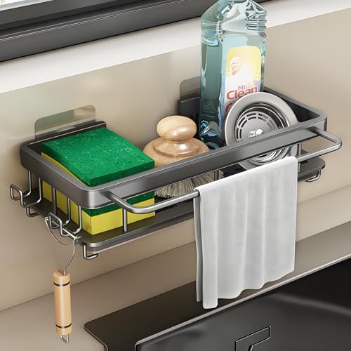QITIXI:OU Metalle Hängender Küchenorganizer - Grau, Spülbecken Organizer mit Schwammhalter, Spültuchhalter und Zwei Haken, Ohne Bohren
