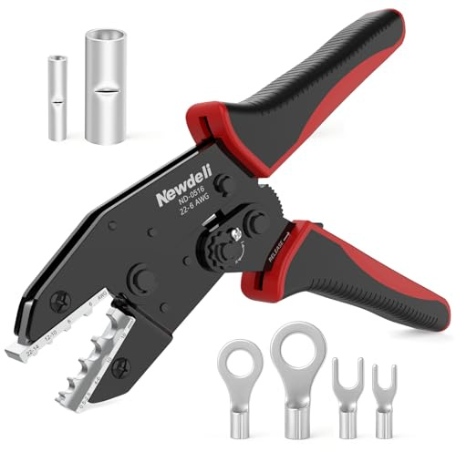 Newdeli Wire Crimping Tool for Non Insulated Butt Wire Connectors - AWG 22-6 Ratchet Wire Crimper Tool Electrical Non Insulated Ring Terminals Ratcheting Crimping Plier Crimp Tool