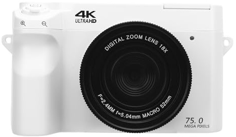 Digital Kamera, 75MP UHD 4K Kompakt Kameras 18X Digital Zoom, Blitz, Dual-Objektiv, Tragbare Wi-Fi-Digital-Videokamera für Jugendliche Erwachsene, 3-Zoll-LCD-Bildschirm (White)
