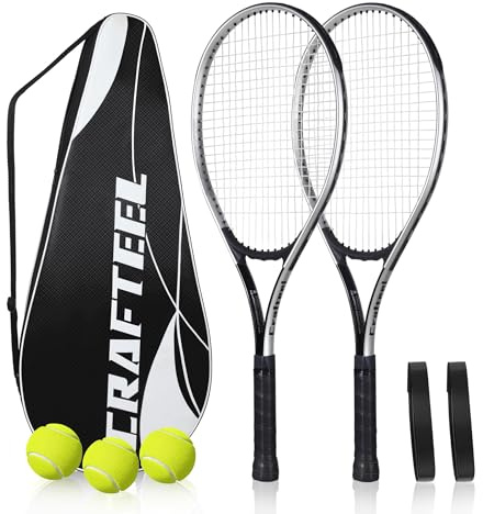 27 Tennis Rackets Set of 2, Family Beginner 27 Inch Tennis Racket Set for Outdoor Recreational Sport Game (Silver)